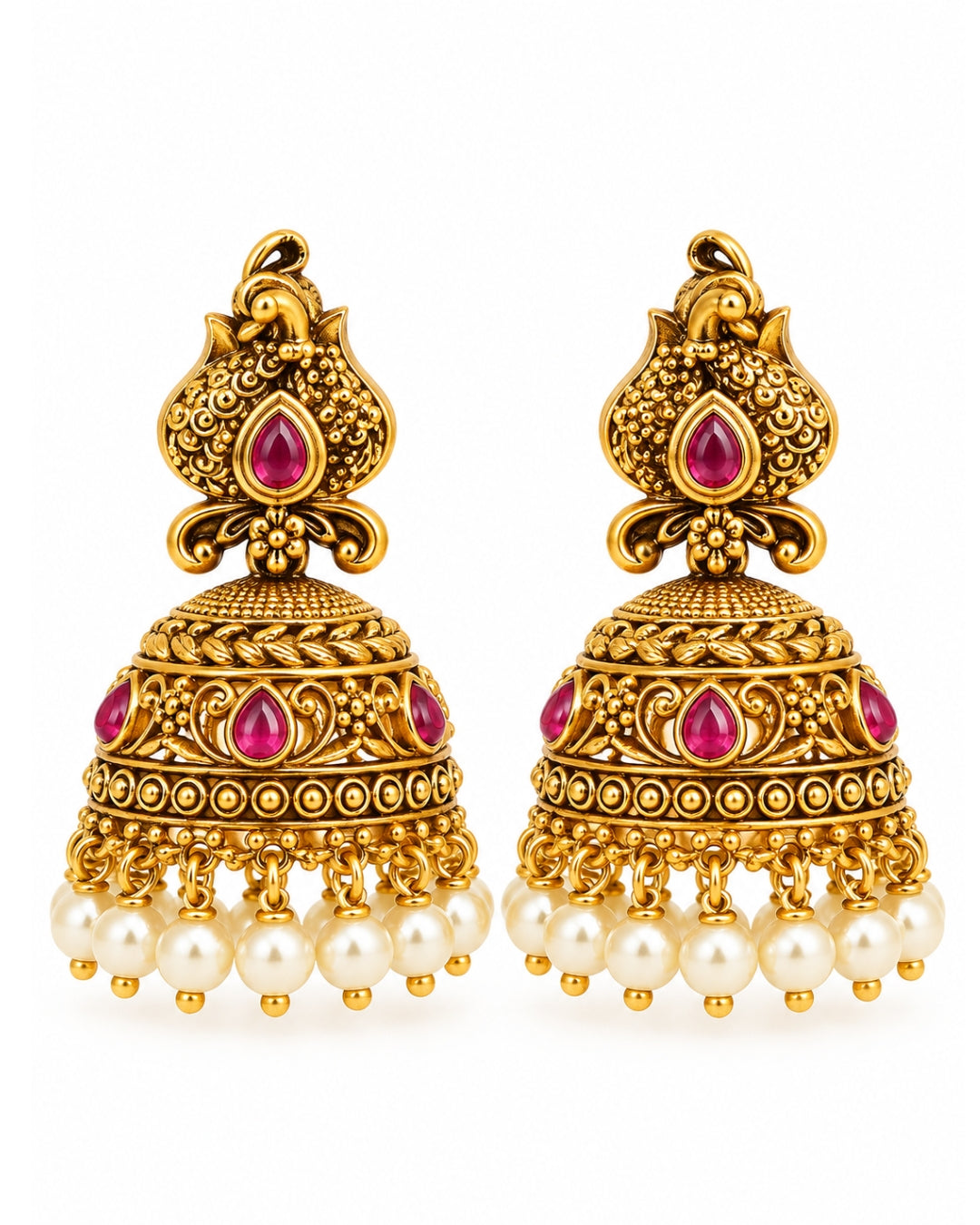 Red stones & White Beaded Gold-Plated Jhumka Earrings