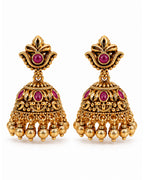 Gold-Plated Golden Beads & Red Stones Traditional Jhumka Earrings
