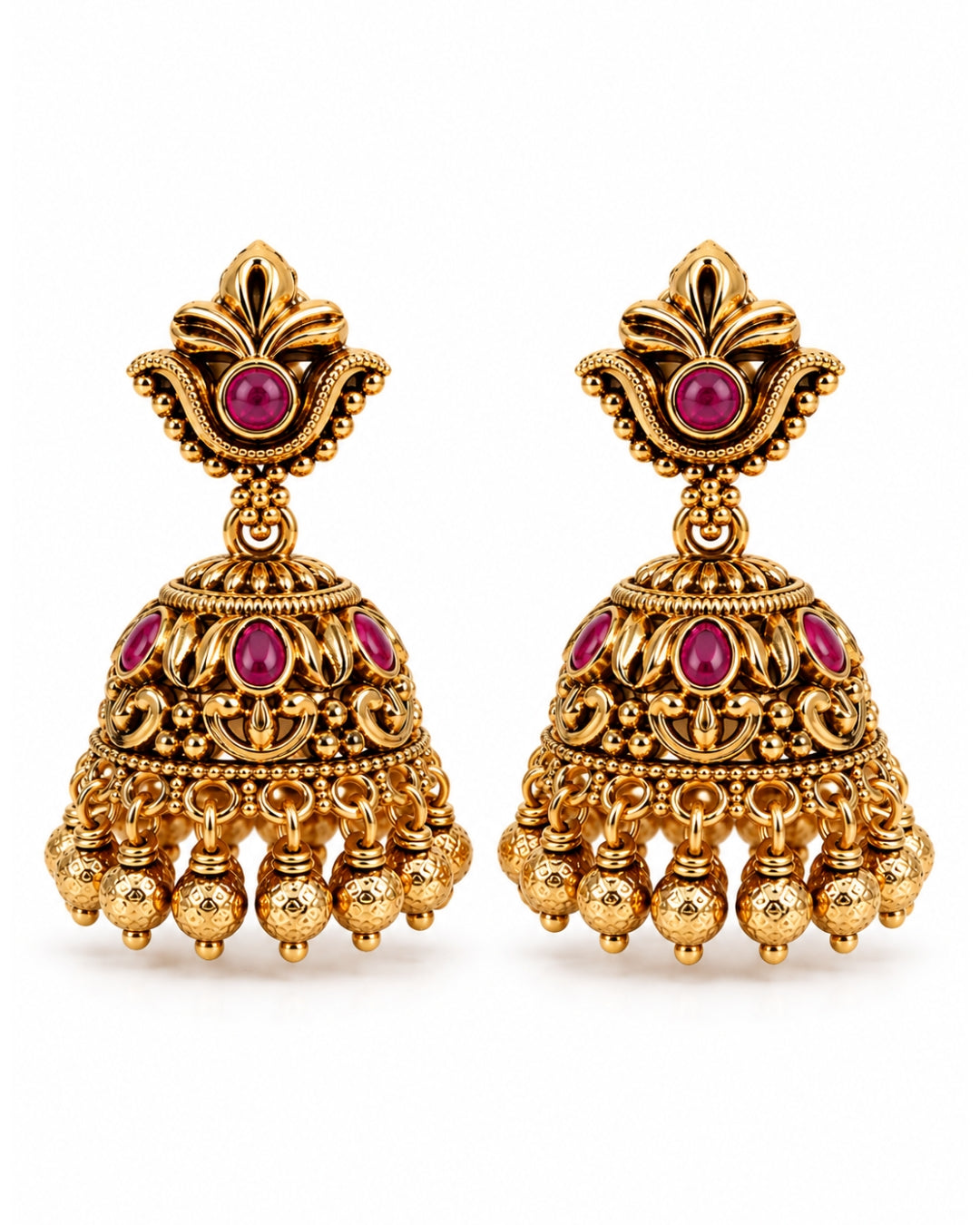 Gold-Plated Golden Beads & Red Stones Traditional Jhumka Earrings