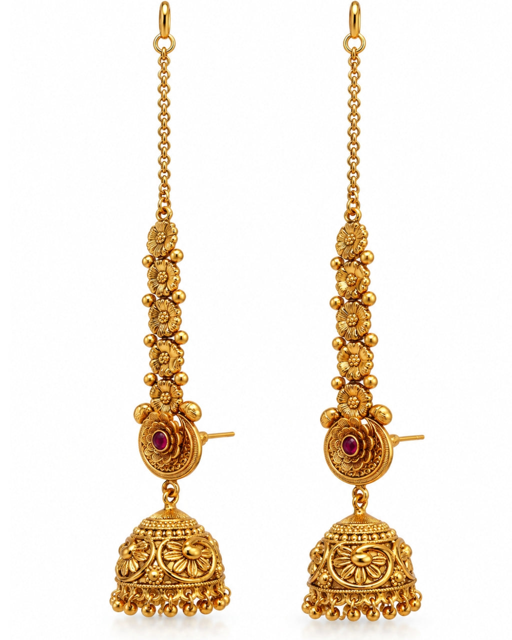 Women Traditional Brass 22K Micron Gold Plated Chain Jhumka Earrings