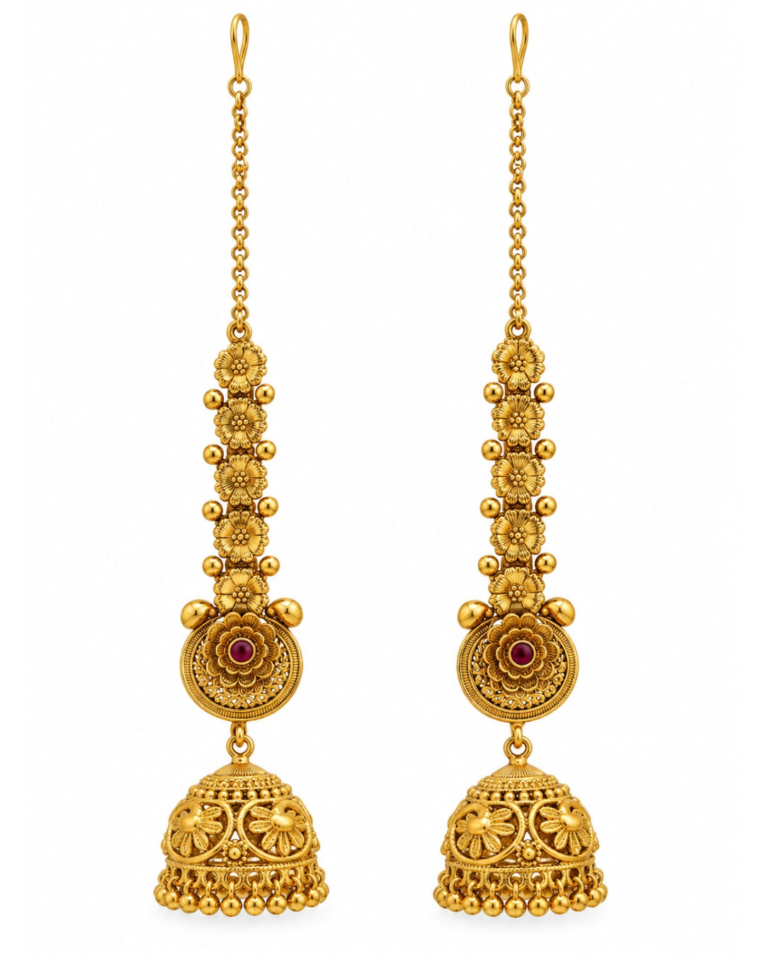 Women Traditional Brass 22K Micron Gold Plated Chain Jhumka Earrings