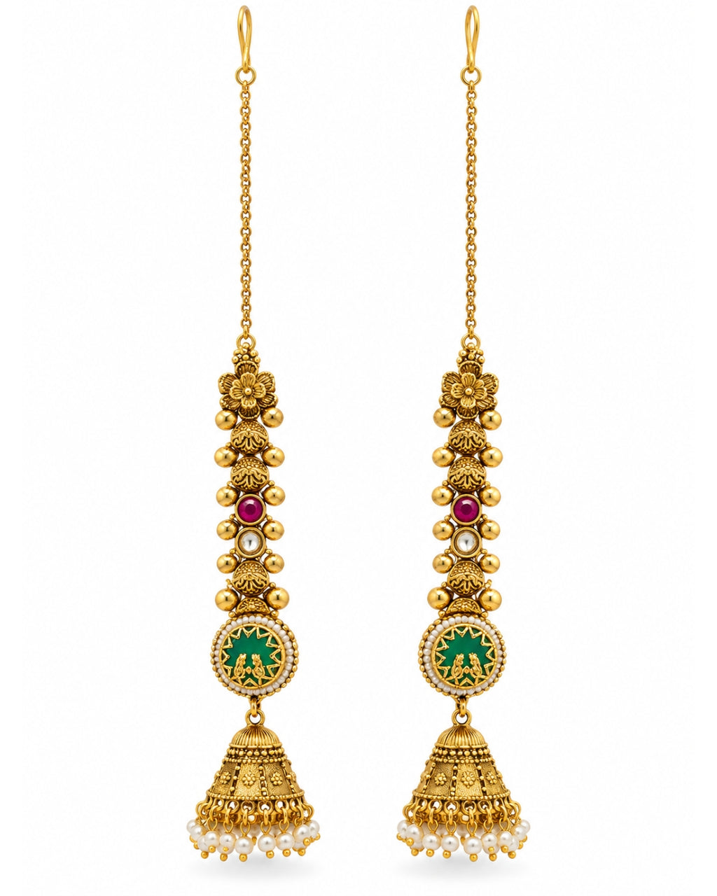 Traditional Brass 22K Micron Rajwadi Gold Plated White Beaded Chain Jhumka Earrings