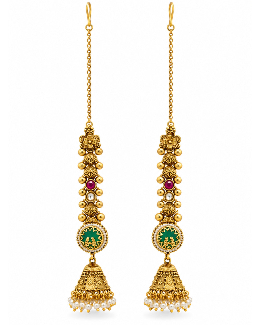 Traditional Brass 22K Micron Rajwadi Gold Plated White Beaded Chain Jhumka Earrings