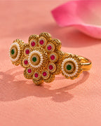 Brass Gold Plated Floral Jadau Double Floral Finger Ring