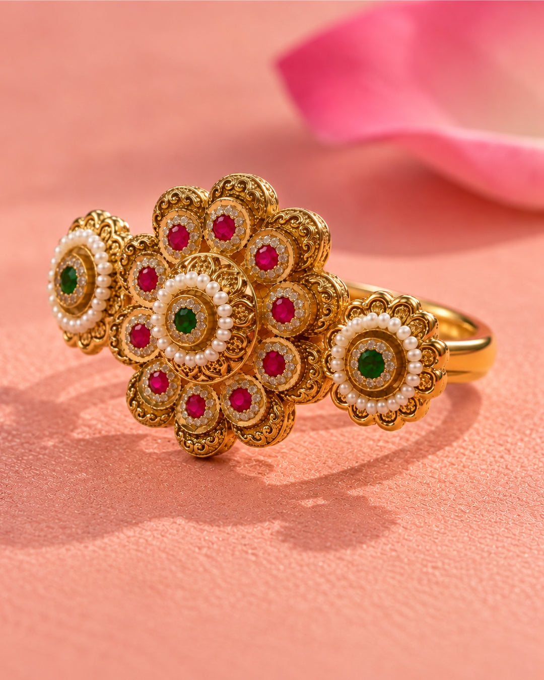 Brass Gold Plated Floral Jadau Double Floral Finger Ring