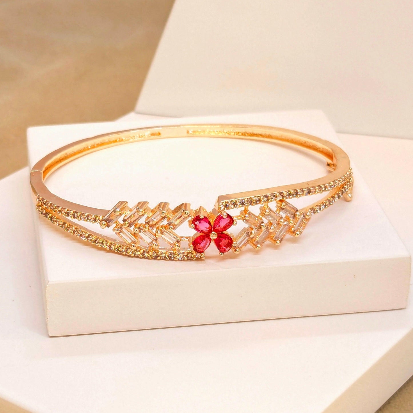 Gold Plated Ruby Red Flower Doublet Statement Bracelet