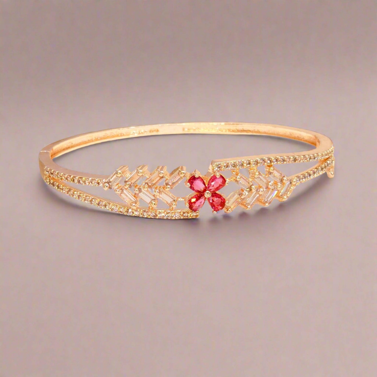 Gold Plated Ruby Red Flower Doublet Statement Bracelet