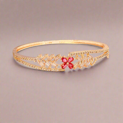 Gold Plated Ruby Red Flower Doublet Statement Bracelet