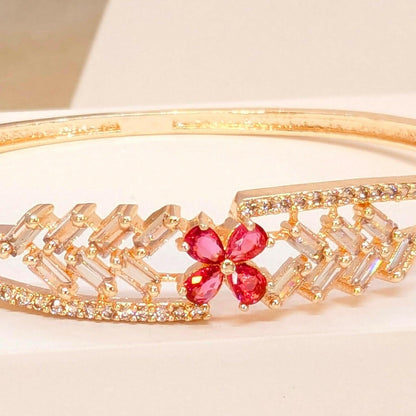 Gold Plated Ruby Red Flower Doublet Statement Bracelet