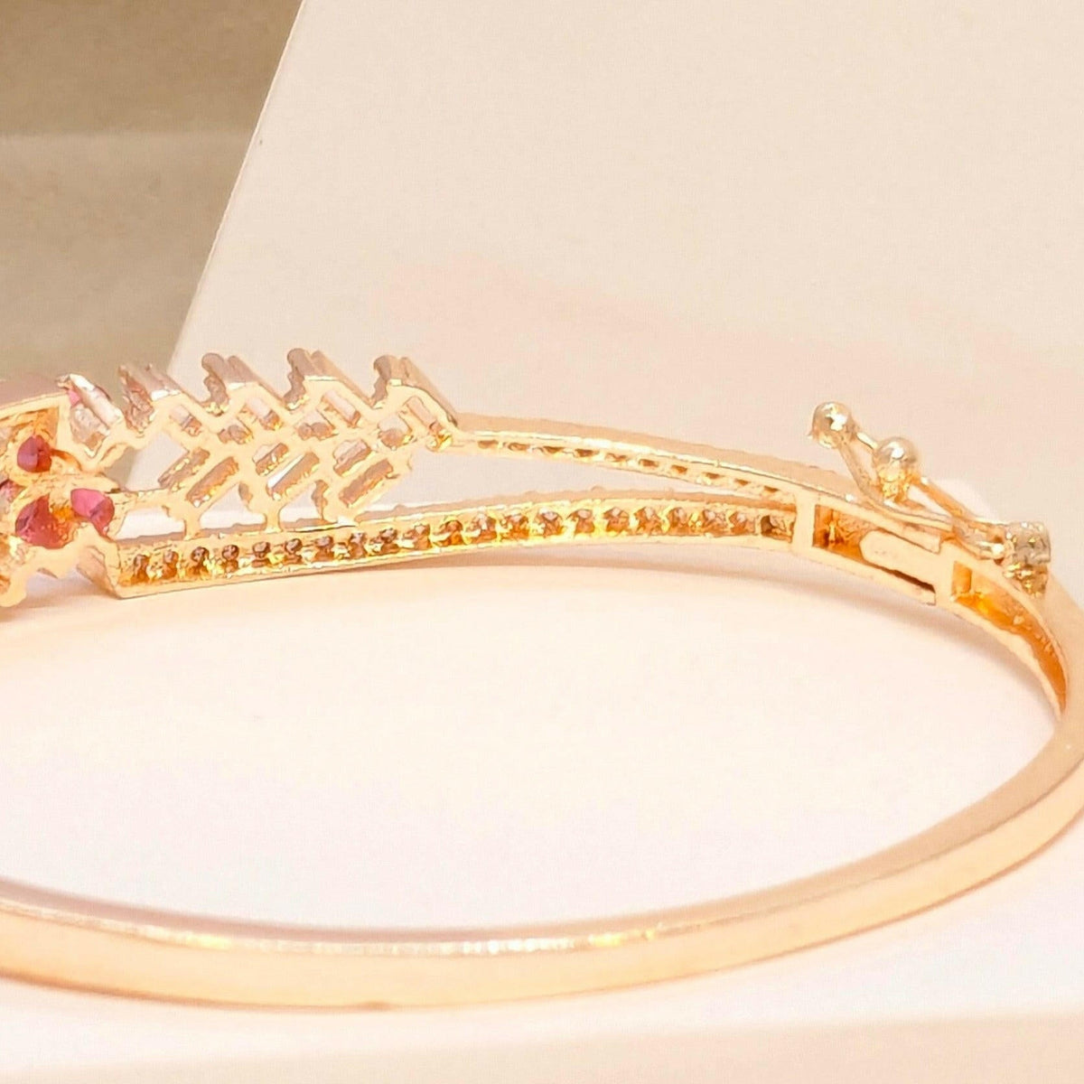 Gold Plated Ruby Red Flower Doublet Statement Bracelet