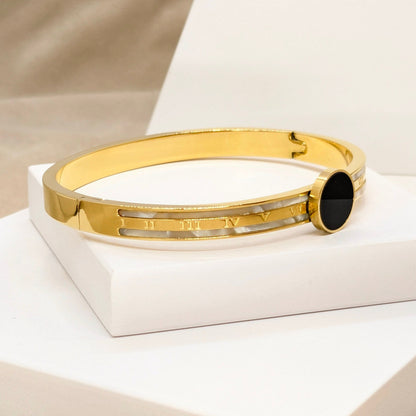 Minimalist Gold Finish Bracelet in Mother of Pearl with Black Centre Piece