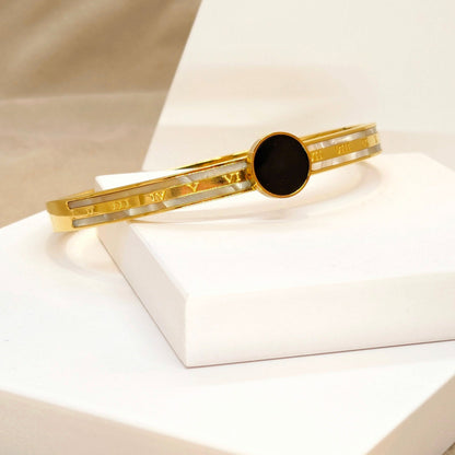 Minimalist Gold Finish Bracelet in Mother of Pearl with Black Centre Piece