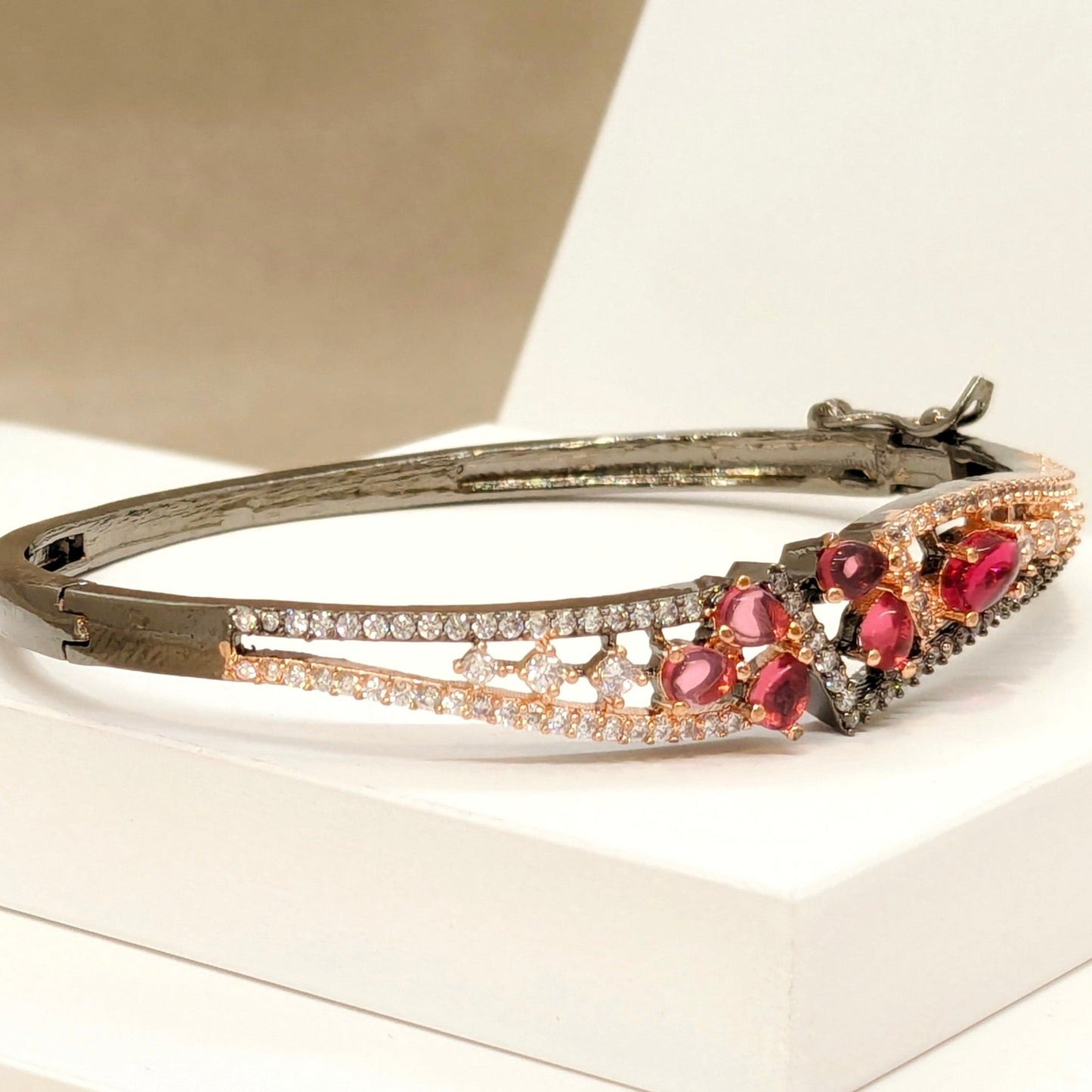 Beautiful Pink Stone Oxidised Double Line Dual Tone Bracelet