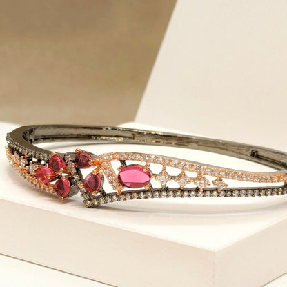 Beautiful Pink Stone Oxidised Double Line Dual Tone Bracelet