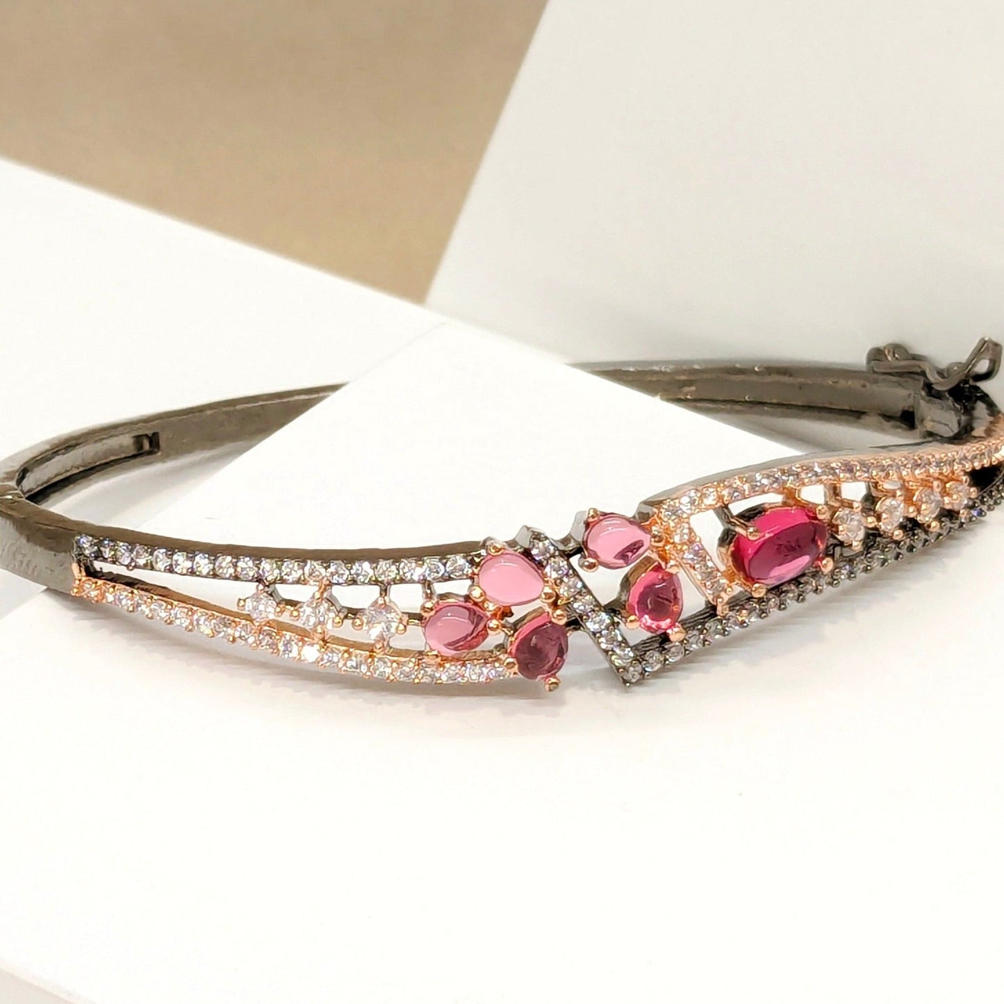 Beautiful Pink Stone Oxidised Double Line Dual Tone Bracelet