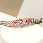 Beautiful Pink Stone Oxidised Double Line Dual Tone Bracelet
