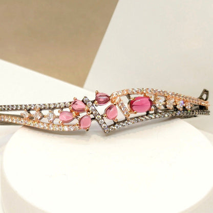 Beautiful Pink Stone Oxidised Double Line Dual Tone Bracelet