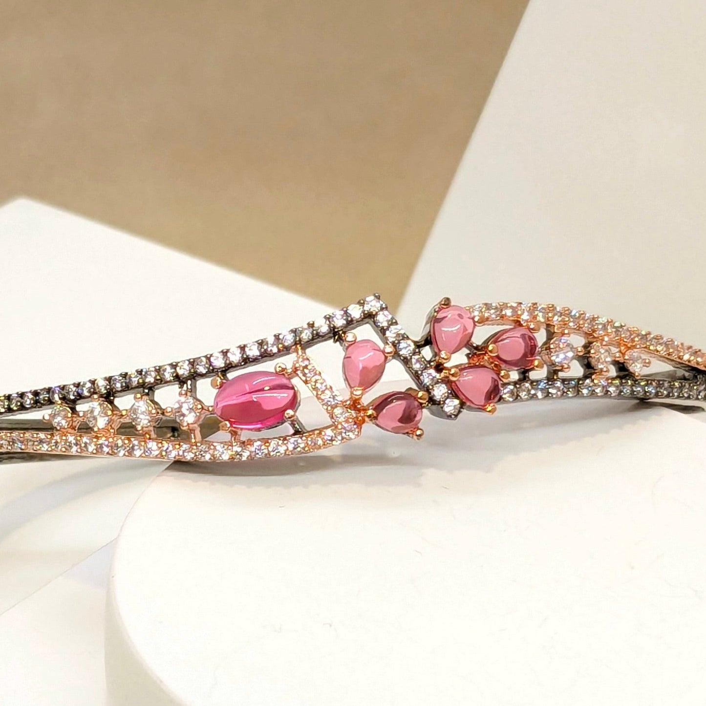 Beautiful Pink Stone Oxidised Double Line Dual Tone Bracelet