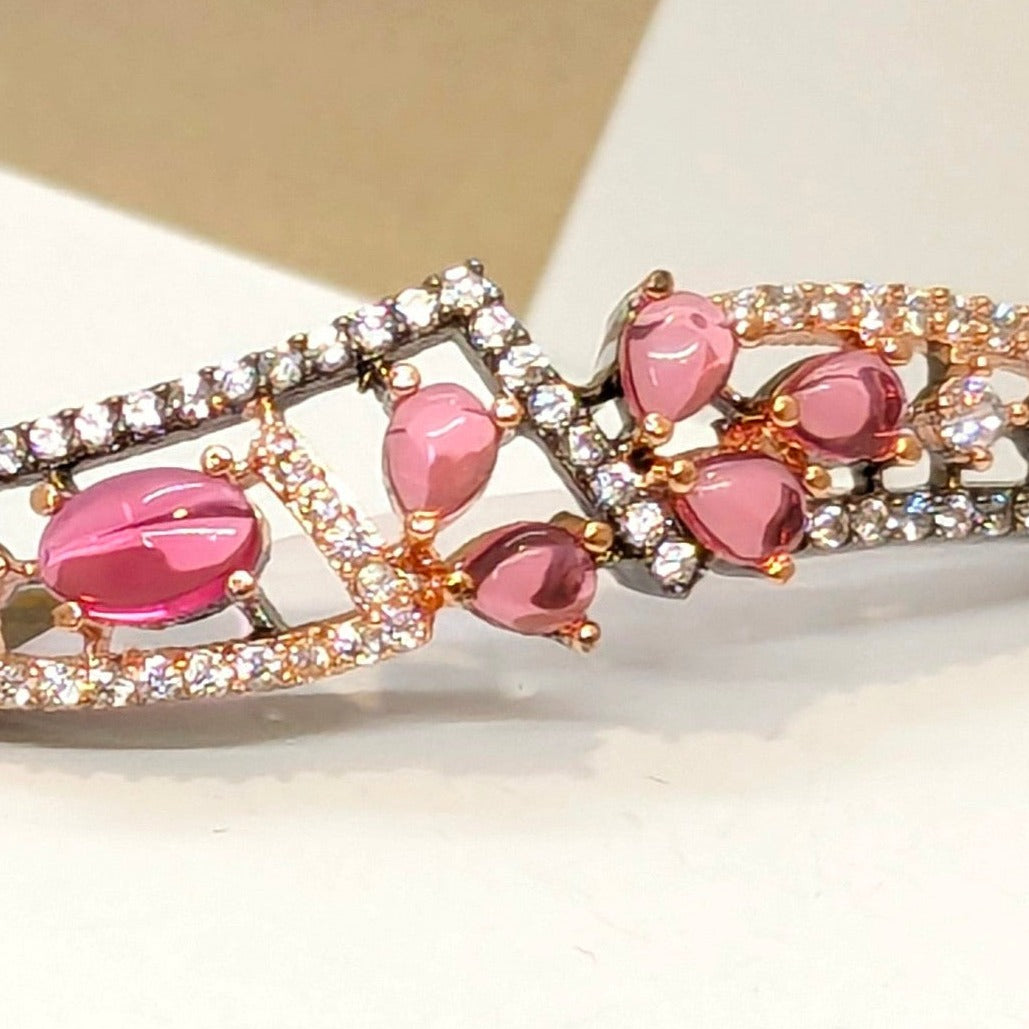 Beautiful Pink Stone Oxidised Double Line Dual Tone Bracelet