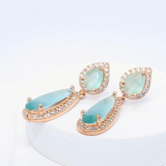 Emerald Green Stone Hanging Earring Studded with American - Rose Gold Finish