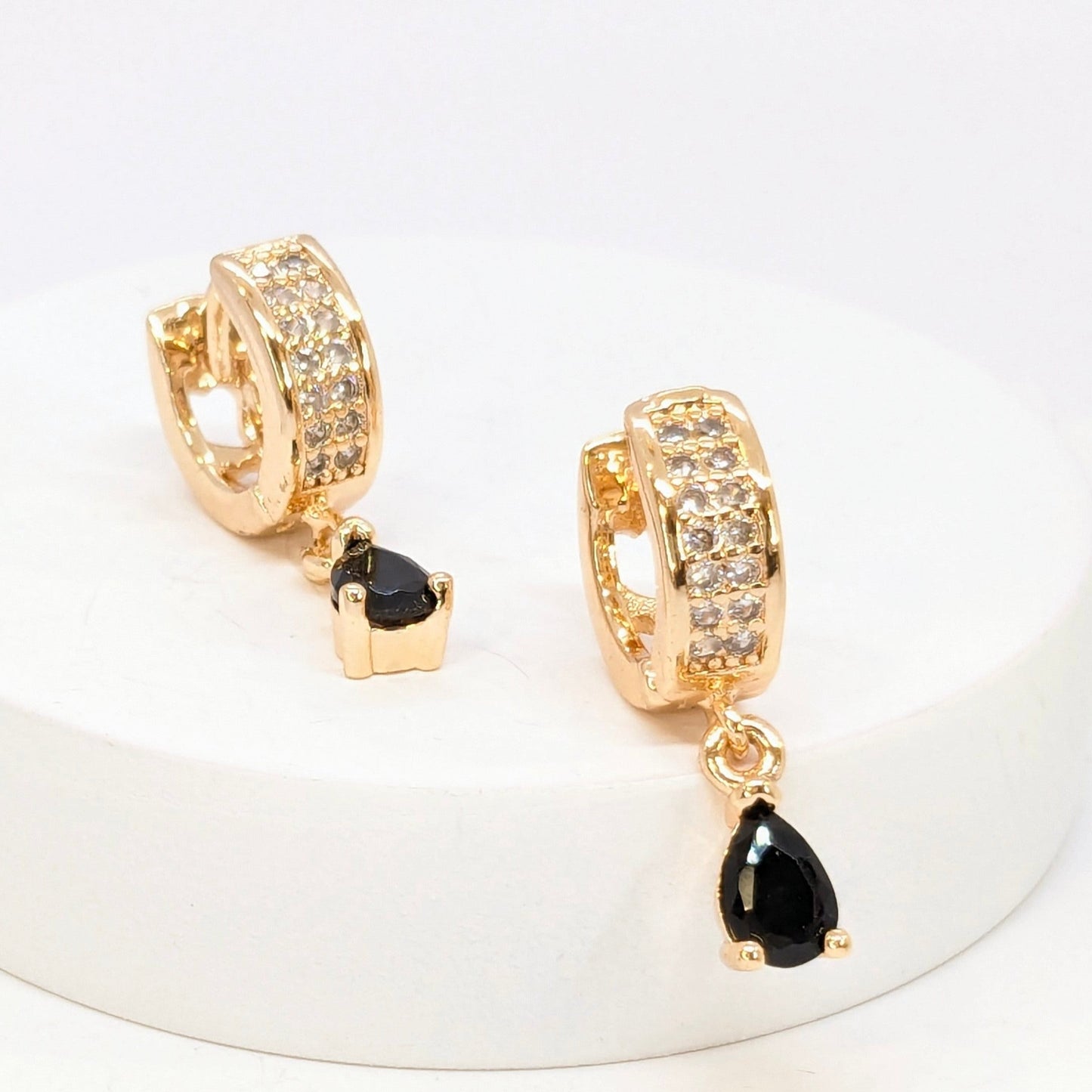 Earrings - Round Shaped American Diamond Studded with Black Stone Hanging - Gold Finish