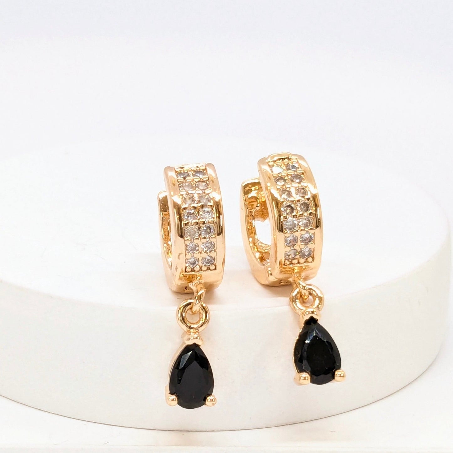 Earrings - Round Shaped American Diamond Studded with Black Stone Hanging - Gold Finish