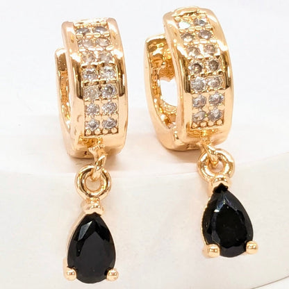 Earrings - Round Shaped American Diamond Studded with Black Stone Hanging - Gold Finish