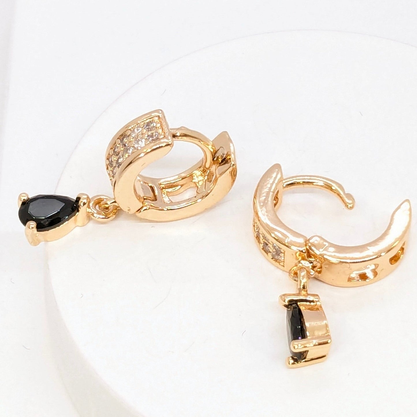 Earrings - Round Shaped American Diamond Studded with Black Stone Hanging - Gold Finish