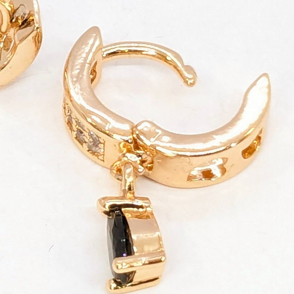 Earrings - Round Shaped American Diamond Studded with Black Stone Hanging - Gold Finish