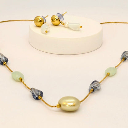 Beautiful Blue and Green Crystal with Light Green Pearl Necklace Set