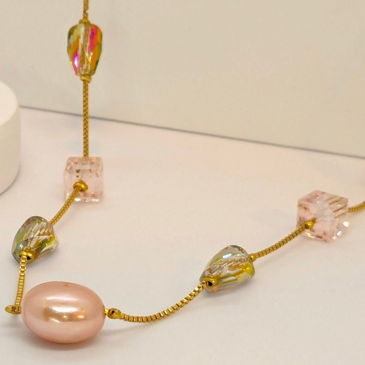 Elegant Pink Crystal and Pearl Necklace Set