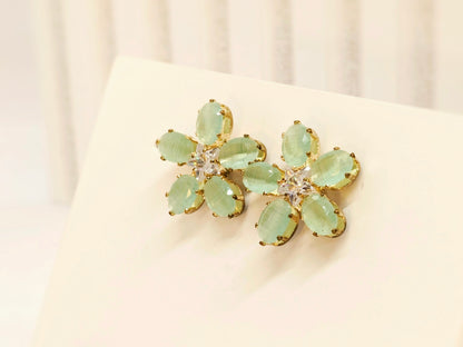 Sea Green Stone Flower Pattern AD Stud Earrings in Gold Finish