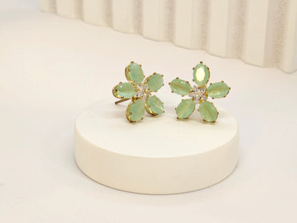 Sea Green Stone Flower Pattern AD Stud Earrings in Gold Finish