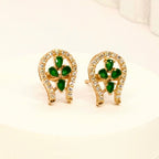 U-Shaped Stud Earrings With White AD and Green Crystals