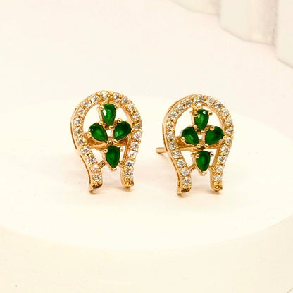 U-Shaped Stud Earrings With White AD and Green Crystals