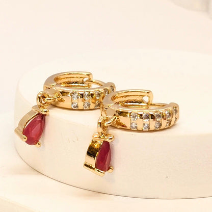 Stunning Red Stone Hoop Danglers in Circular Shape AD Studded Gold Finish Earrings