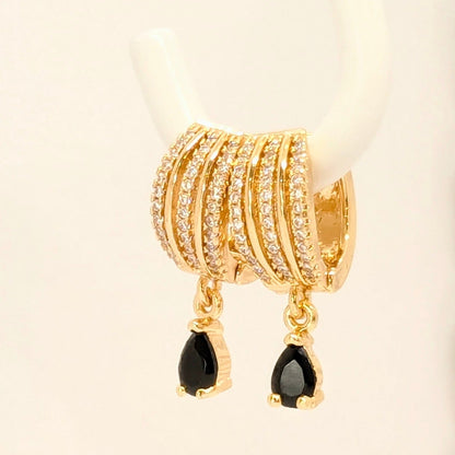 Beautiful 3 Layer AD Hoop Earrings in Gold Finish with Black Stone