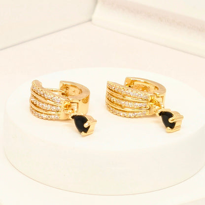 Beautiful 3 Layer AD Hoop Earrings in Gold Finish with Black Stone