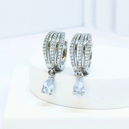 Beautiful 3 Vertical Line Style Earrings - Rhodium finish with AD Dangler