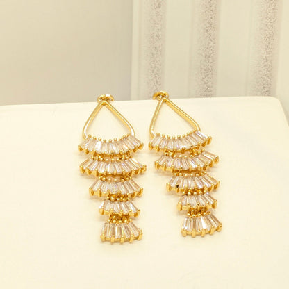 Stylish Hoop 5 Layer Crystal Glass Dangler Earrings - Gold Finish