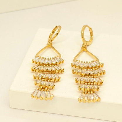 Stylish Hoop 5 Layer Crystal Glass Dangler Earrings - Gold Finish