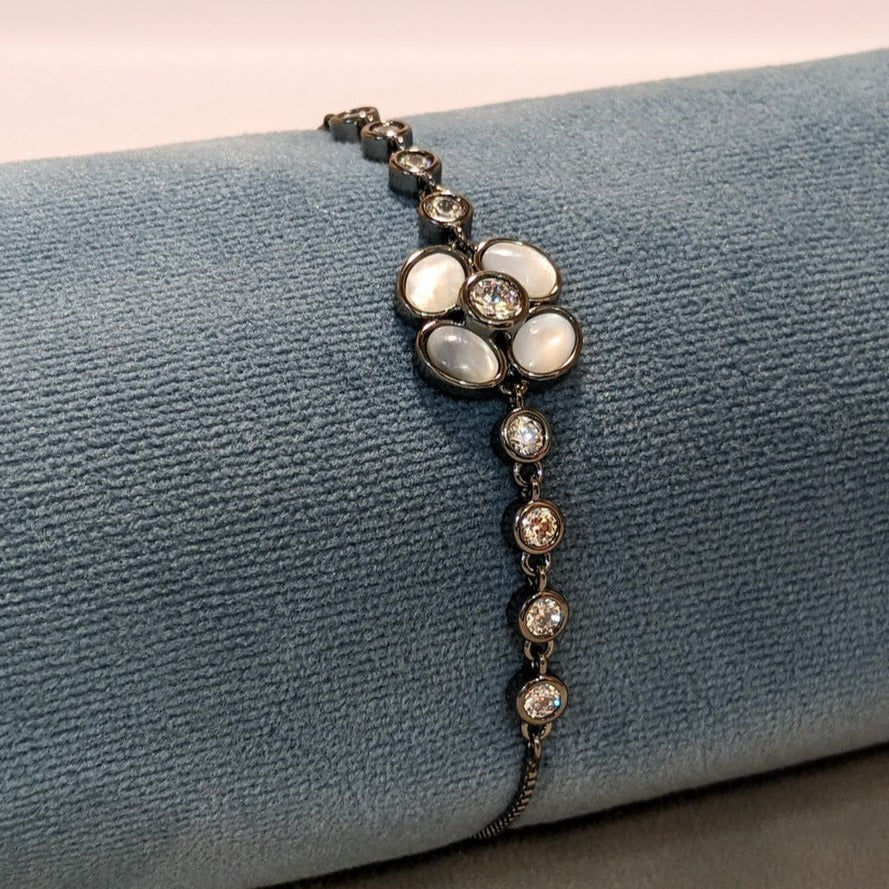 Mother of Pearl Flower with 5A Zirconia Oxidized Brass Chain Bracelet