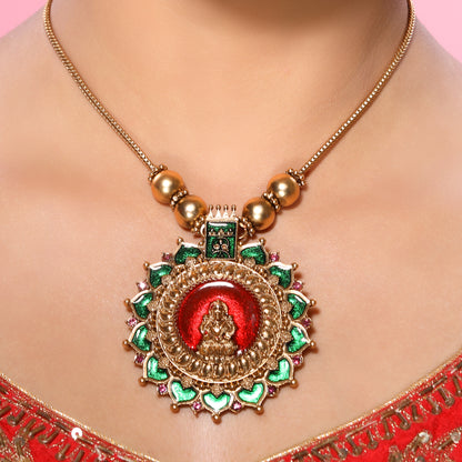 Red and Green Kemp Stone Studded Laxmi Traditional Temple Necklace set with Stud Earrings in Brass Alloy Matte Gold Finish