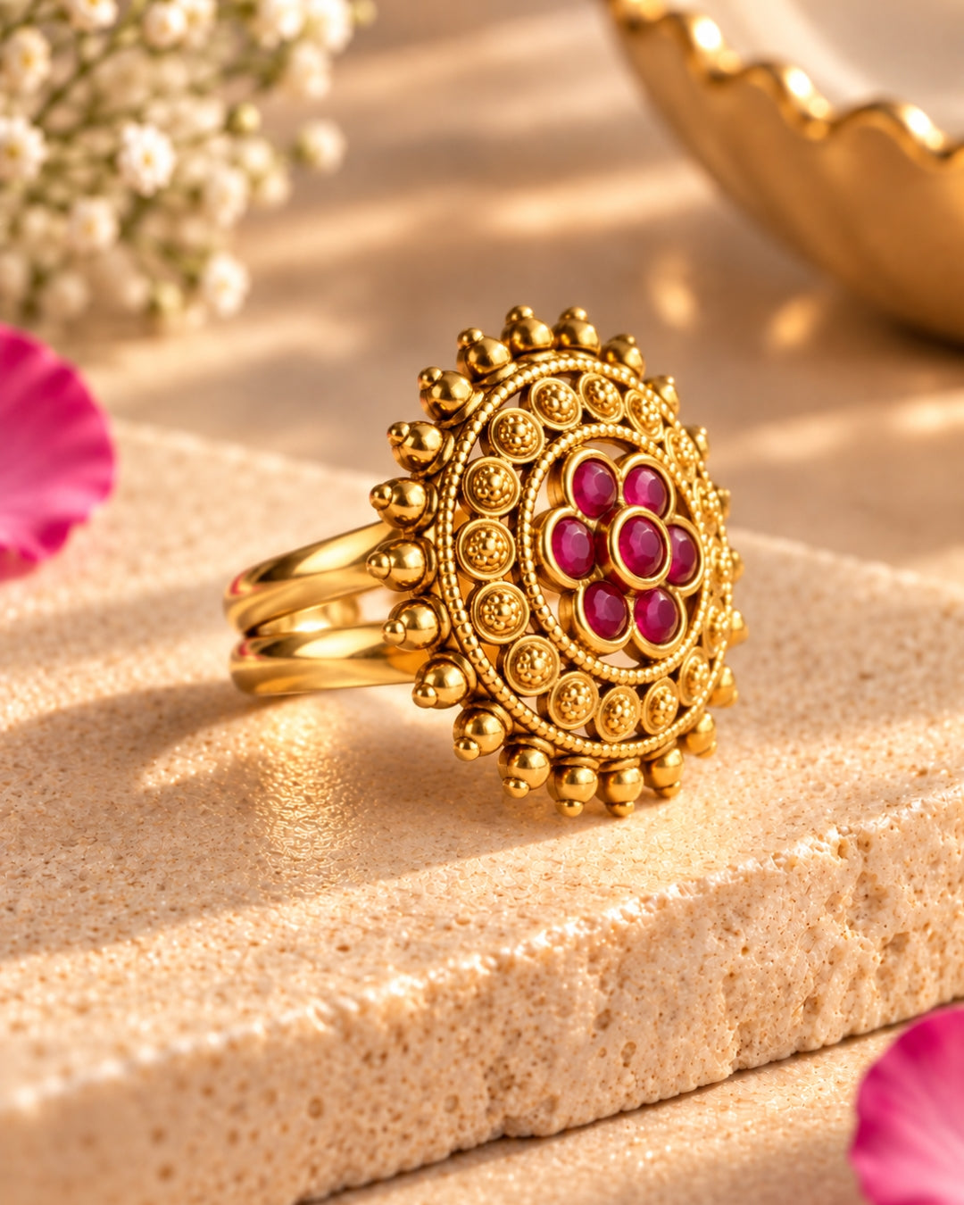 Round Beads Gold-Plated Ruby Floral Ring