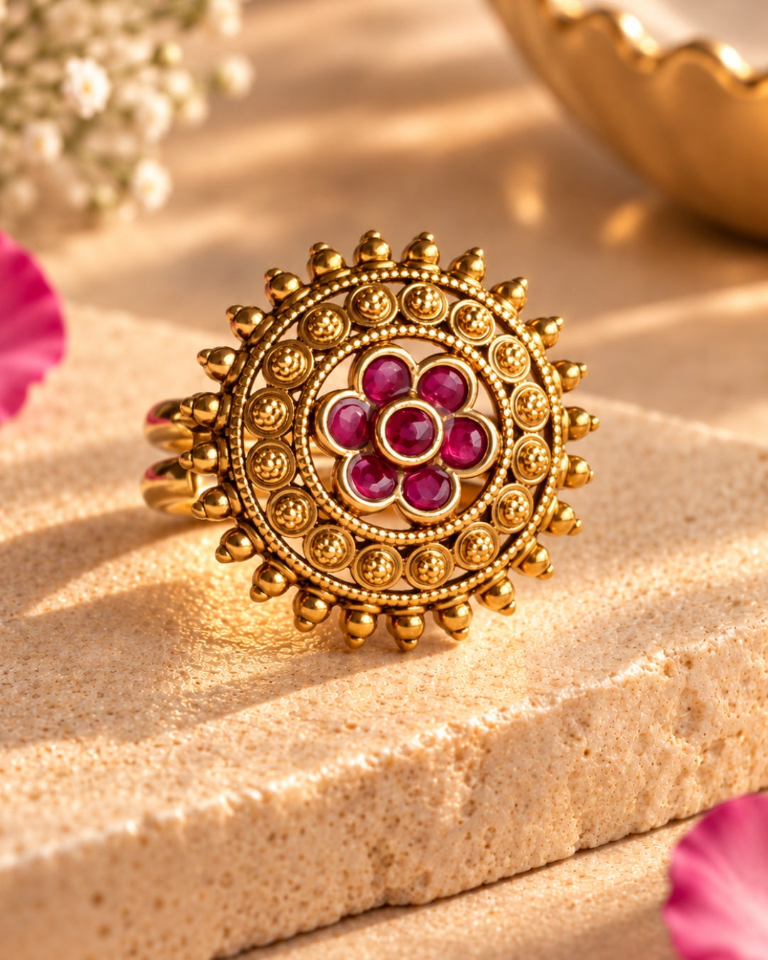 Round Beads Gold-Plated Ruby Floral Ring