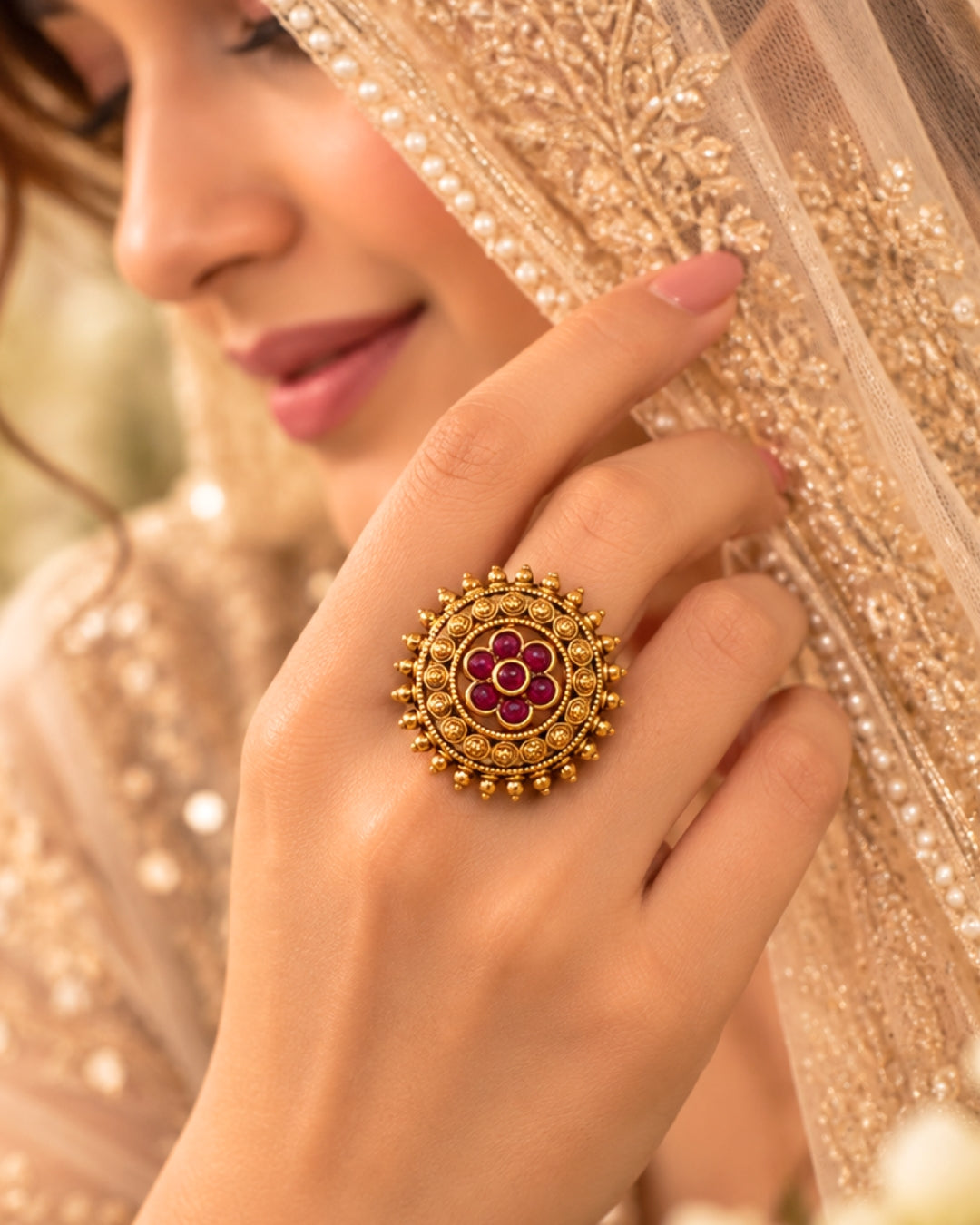 Round Beads Gold-Plated Ruby Floral Ring