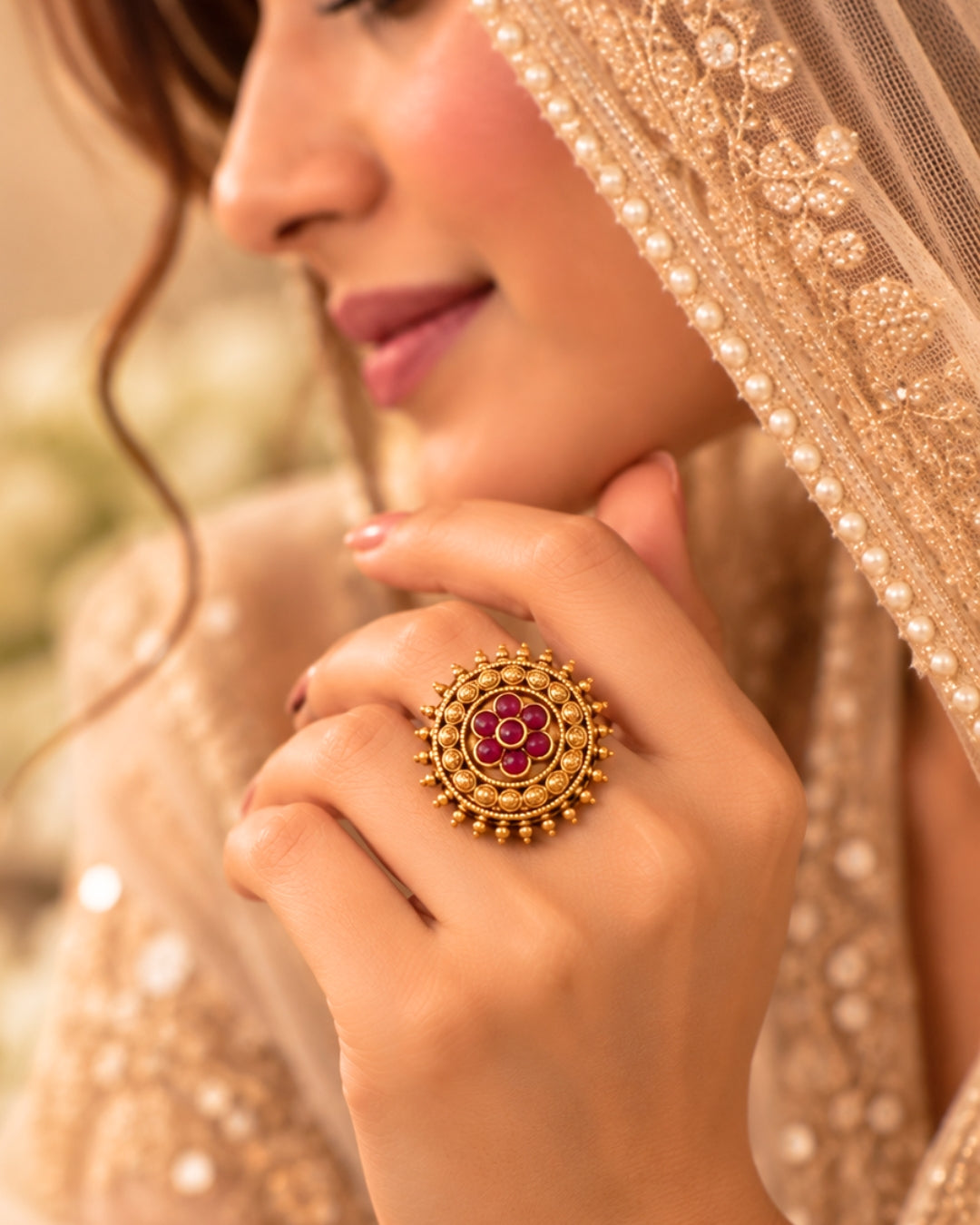 Round Beads Gold-Plated Ruby Floral Ring