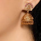Timeless Laxmi Temple Jhumkas in Matte Gold with Ruby Inlay
