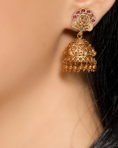 Majestic Laxmi  Traditional Temple Jhumka Earrings Ruby Inlay Matte Finish 22KT Gold Plated Brass