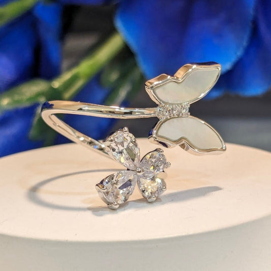 PRIMA DONNA SERIES - Rhodium Plated Mother of Pearl Butterfly with 5A Zirconia Flower Adjustable Finger Ring